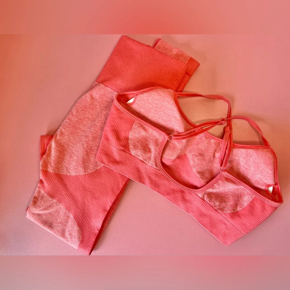 Matching Coord Set Pink Space Dye Criss Cross Back Sports Bra and Leggings